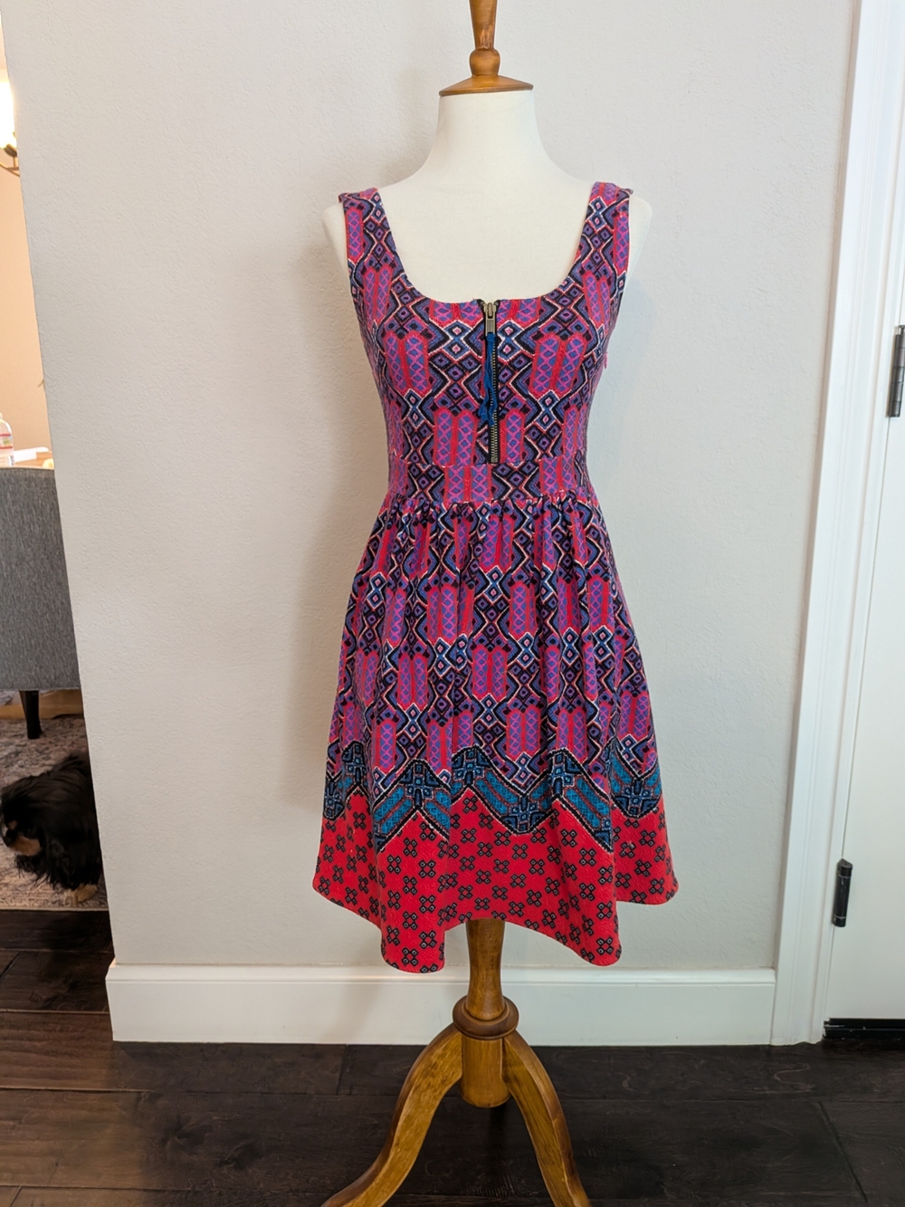 Maeve Pink & Red Geometric Print Flare Dress